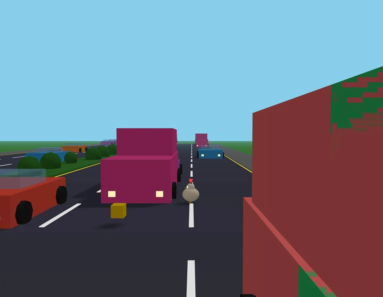 Chicken Royale Game gameplay — chicken crossing busy roads with HUD